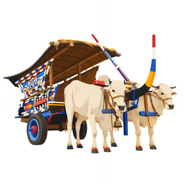 Traditional Indonesian ox cart with cattle illustration