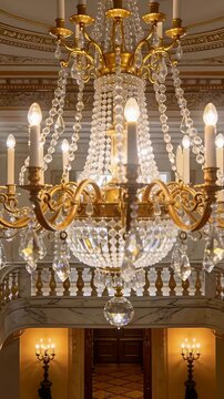 Vertical video: Pulling back camera revealing crystal chandelier glinting in foyer to show interior