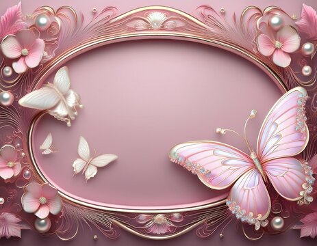 whimsical coquette frame 3d pearlescent butterfly border decorative curved edge with pearl details pink pearl tones