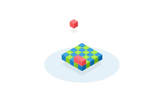 Playful 3D Isometric Animation of Interlocking Toy Brick Assembly Featuring Bright Primary Colors, Isolated on White Background for Education Concept.