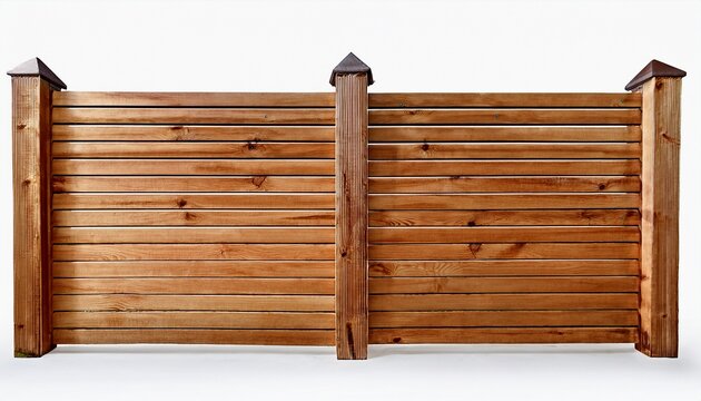 close up of a wooden fence with horizontal slats and vertical supports seen on white background