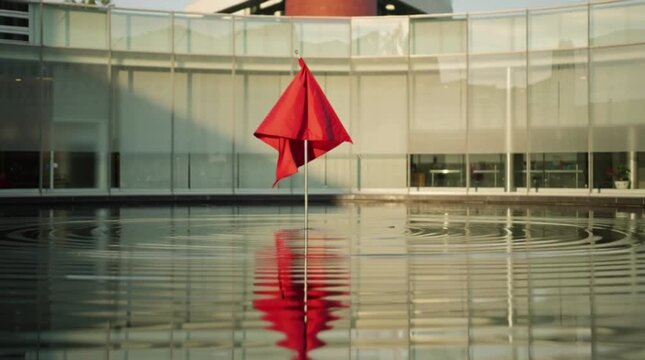 Bright red triangular flag waving gently in the breeze above a tranquil rippling dark pool of water creating a meditative motion video clip for modern architectural landscape design projects today