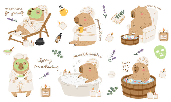 Cute flat vector collection of capybaras enjoying a relaxing spa day with towels, baths, candles, masks and warm drinks. Cozy wellness illustrations for self-care, beauty and lifestyle designs. Vector