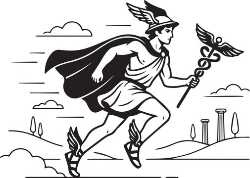 Hermes Greek god running fast with winged sandals and caduceus vector illustration