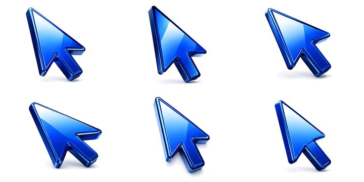 Glossy blue mouse cursor icons set, 3D metallic arrow pointers for web navigation, shiny glass computer mouse arrows on white background