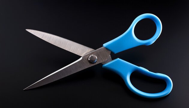 sleek bluehandled scissors black background