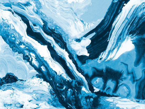 Abstract art painting, blue creative hand painted background, marble and brush  texture
