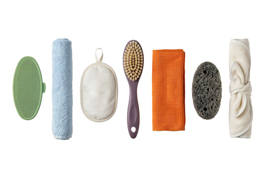 Assortment of bath and shower accessories including brushes, sponges, and towels arranged in a row isolated on a transparent background