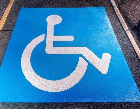 prominent blue disabled parking sign featured centrally in this background image marking a specific parking area for individuals on asphalt