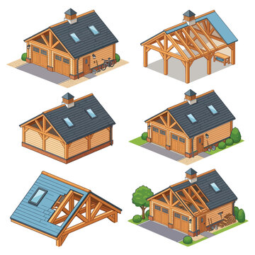 Isometric Timber Frame Garage Construction Set
