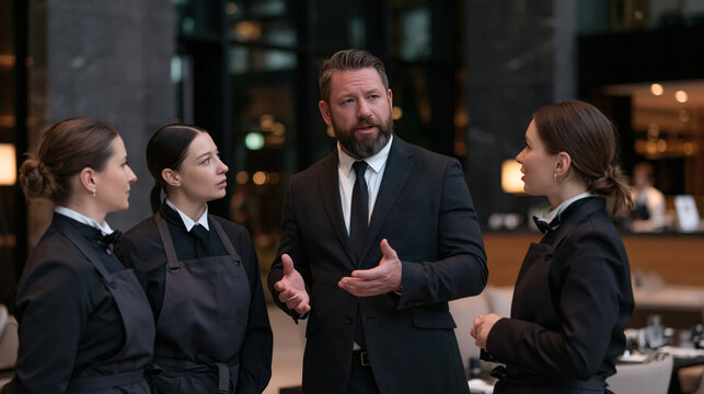 Restaurant Staff Briefing: A male manager in a suit addresses three female staff members in uniform in a formal dining setting, discussing service or operations.