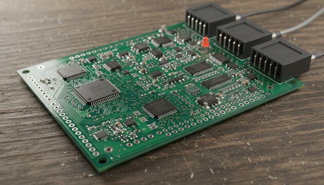 Crisp closeup photograph of a newly soldered printed circuit board resting on a wooden workbench during testing