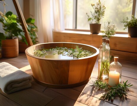 a wooden tub filled with water and herbs sits on the floor candles and plants surround the tub soft towels and a small pitcher are nearby the sunlight brightens the space