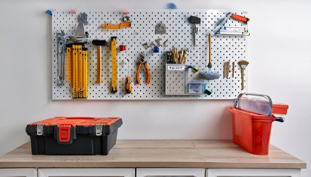 white pegboard wall organized with various tools and storage bins