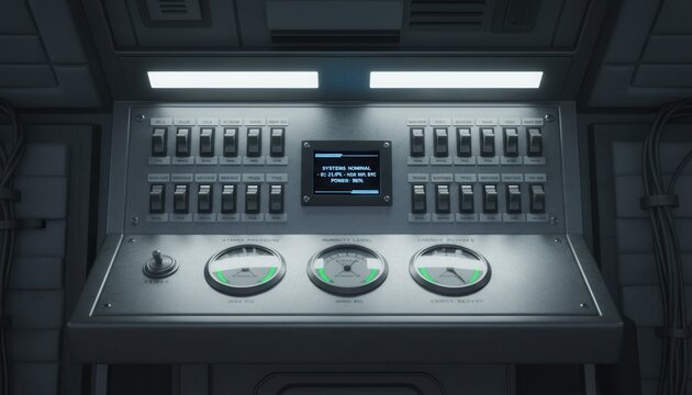 Detailed control panel featuring tactical toggle switches and digital status readout inside spacecraft habitat module