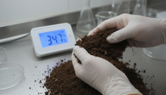 Dedicated agronomy researcher carefully examining soil sample moisture levels with digital monitor in modern laboratory setting