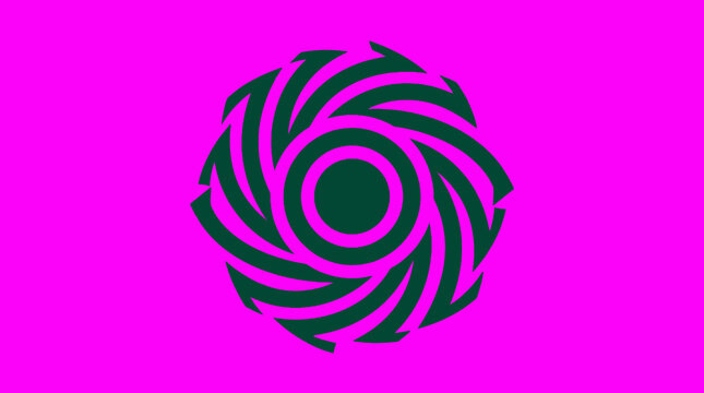 Green spiral vortex circular icon on pink background.