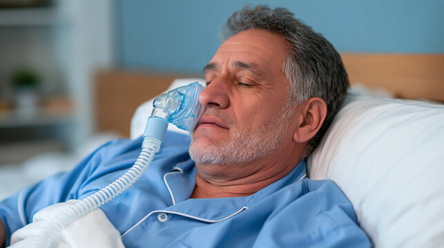 Elderly Man Sleeping with CPAP Machine: A mature gentleman sleeps soundly in bed, wearing a CPAP mask for respiratory support, highlighting a common medical treatment for sleep apnea.