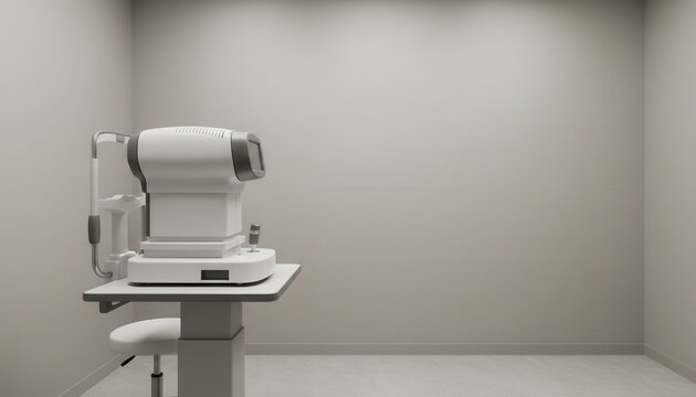 Professional optometric examination room featuring modern autorefractor diagnostic equipment against neutral light gray wall backdrop