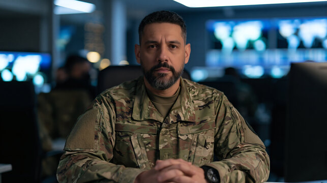 Man in Military Uniform: A serious man in a camouflage military uniform sits at a desk, with a background of computer monitors displaying various data and visuals.