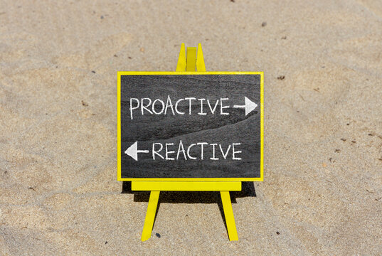 Proactive and reactive symbol. Concept word Proactive Reactive on beautiful yellow blackboard. Beautiful sand beach background. Business proactive and reactive concept. Copy space.