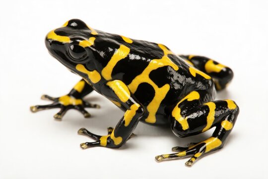Black and yellow poison dart frog sitting on a plain white background in studio lighting