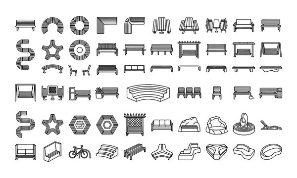 Collection of outdoor park bench icons in a clean black and white line art vector illustration style for design