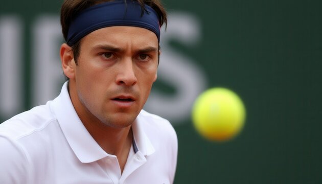 Focused tennis player wearing a navy headband and white polo watching an approaching ball during a competitive match