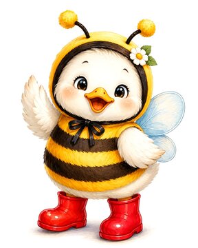 Adorable duckling in yellow honey bee onesie suit with red boots