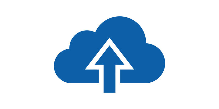 Blue cloud upload icon with arrow for digital storage and publishing.