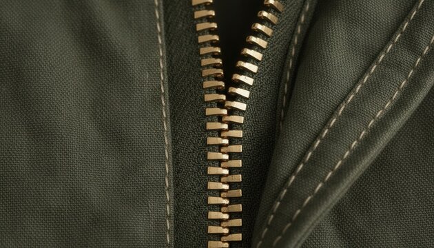 Heavy duty brass zipper teeth and tightly woven twill fabric showcased on a rugged utility jacket product detail view