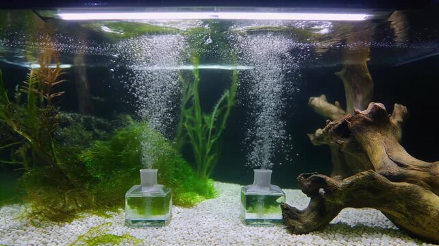 白い砂利と水草が広がる水槽の中で激しく気泡を上げるエアレーション