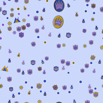 Seamless pattern of crowns, shields, aprons, and sun icons