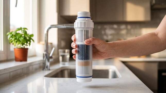 Water filter cartridge held in hand in a kitchen setting