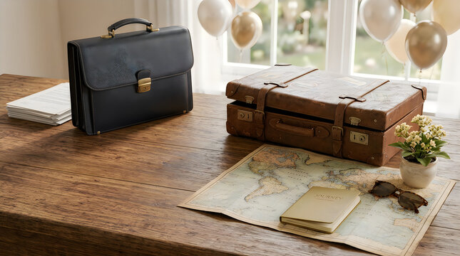 Vintage suitcase and leather briefcase on wooden table with world map notebook sunglasses
