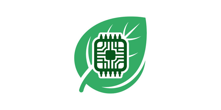Green technology microchip leaf icon representing eco innovation.