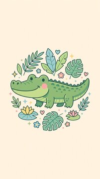 A cute friendly crocodile with a rounded green body, short legs, rosy cheeks, and a big happy smiling face, surrounded by tropical leaves, water plants, flowers, hearts, and sparkling stars.