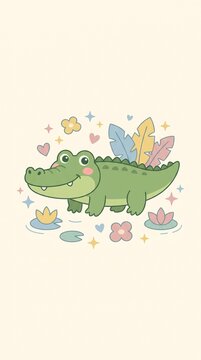 A cute friendly crocodile with a rounded green body, short legs, rosy cheeks, and a big happy smiling face, surrounded by tropical leaves, water plants, flowers, hearts, and sparkling stars.