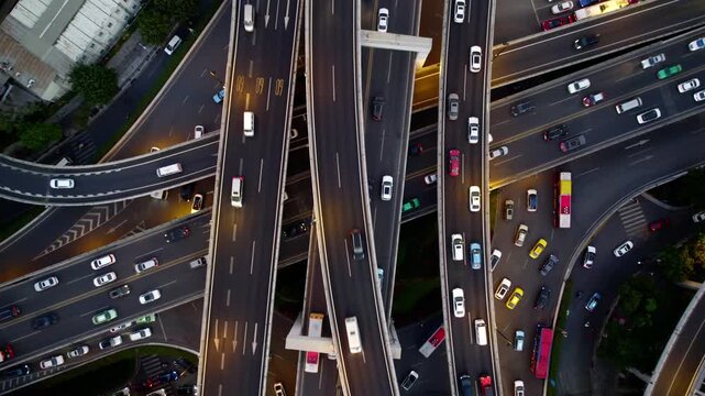 Drone view of urban road interchange and traffic in Guangzhou, China