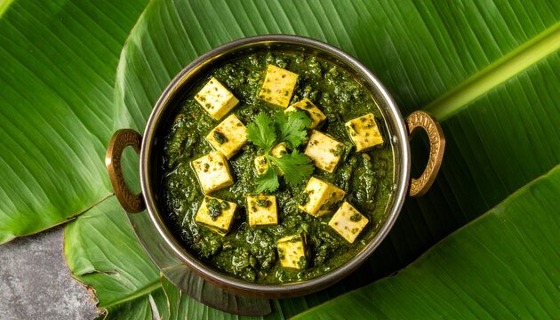 Delicious Palak Paneer Indian Spinach Curry Served on Green Banana Leaf