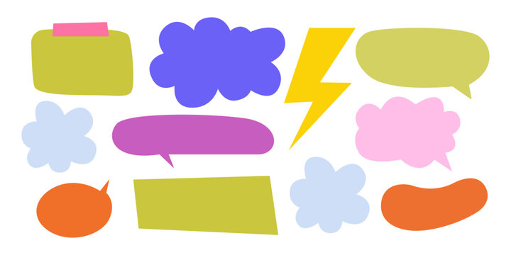 Abstract colorful speech bubbles, text boxes and bright shapes set with dynamic lightning element isolated on a white background