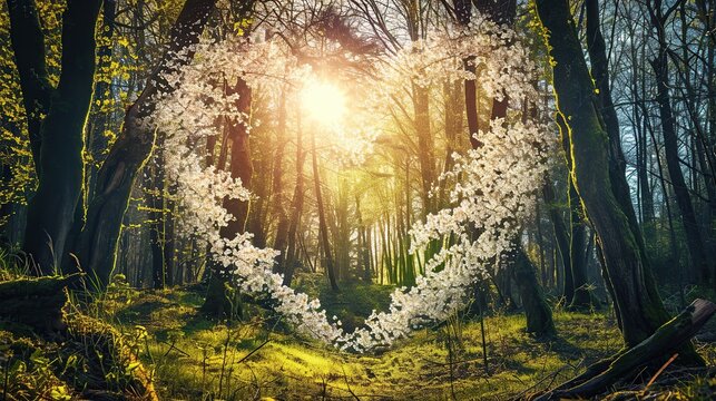 Sunlit Forest Clearing Framed by a Heart-Shaped Ring of White Blossoms