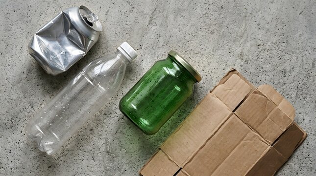 Recyclable Waste Materials: Plastic, Glass, Metal, and Cardboard on Concrete