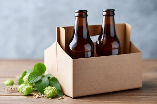 Two brown craft beer bottles in a cardboard carrier with fresh green hops on a rustic wooden table for brewery marketing