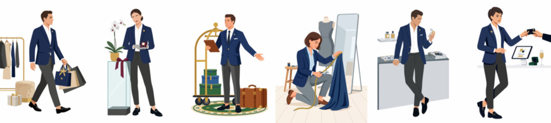Obraz premium Vector illustration set of service industry professionals in blue uniforms, including retail assistants, hotel concierge, and a tailor.