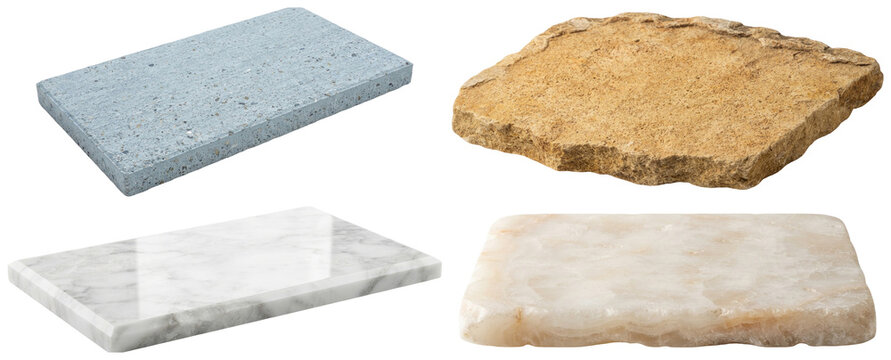 A set of decorative stone slabs in different textures and tones for architectural material design.