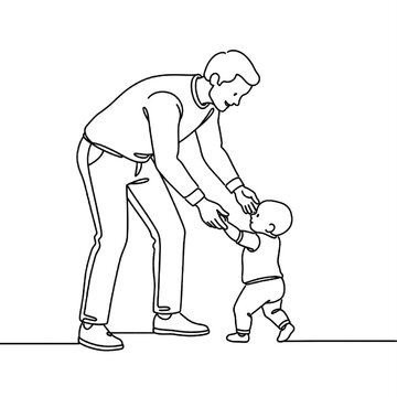 Father Helping Baby Learn to Walk Family Bonding Parenthood 2D Black Single Line Vector Illustration