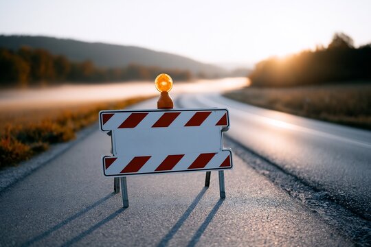 Road block sign with orange light on asphalt highway during golden sunset