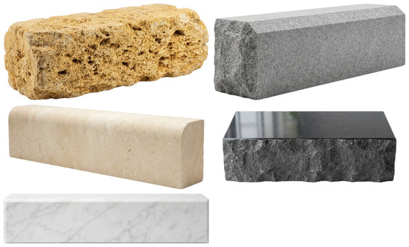 A set of rectangular curb stones in varied natural finishes and colors, from rough tufa to polished marble and granite.