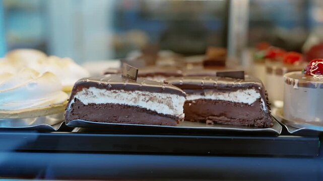 Different types of cakes in pastry shop glass display